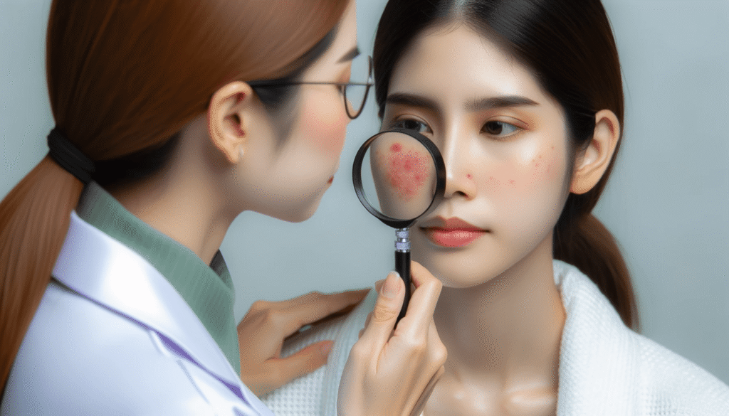 Doctora revisando problema de rosácea